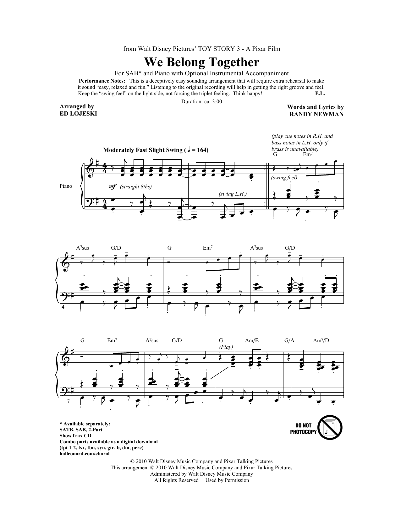 Produktbild zu: We Belong Together (from Toy Story 3) (arr. Ed Lojeski)