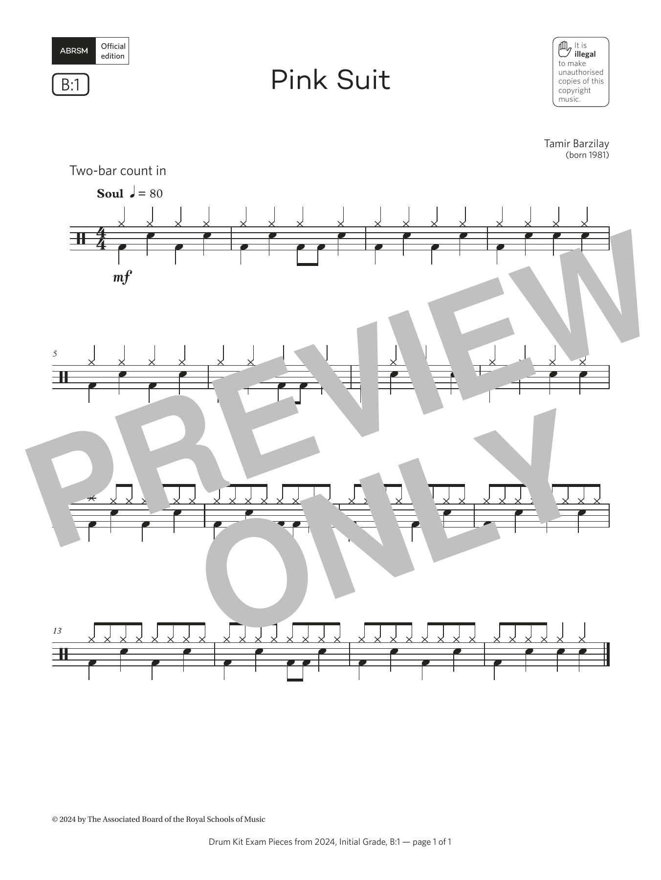 Product gallery: Page 1 of 1 Pink Suit (Grade Initial, list B1, from the ABRSM Drum Kit Syllabus 2024), Tamir Barzilay