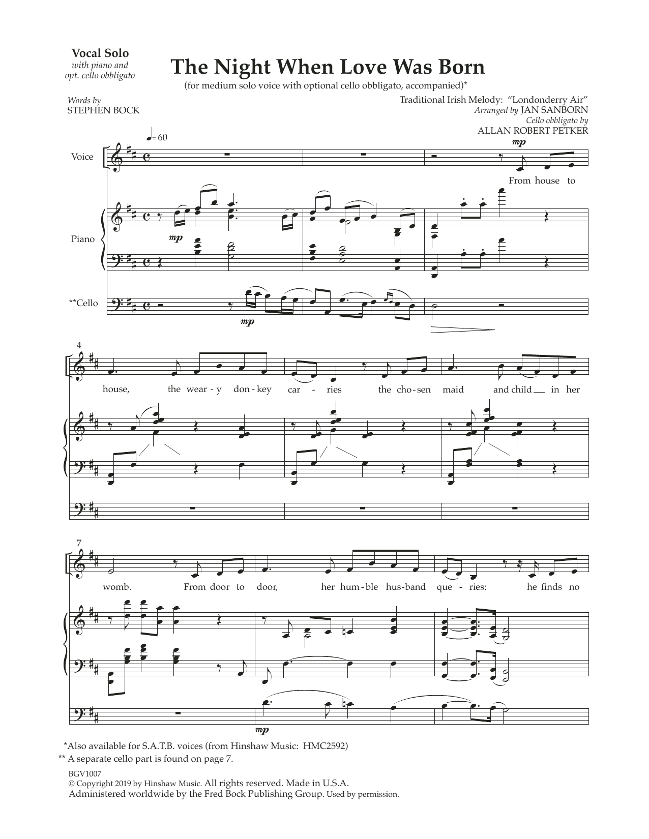 Produktbild zu: The Night That Love Was Born (with optional cello obbligato)