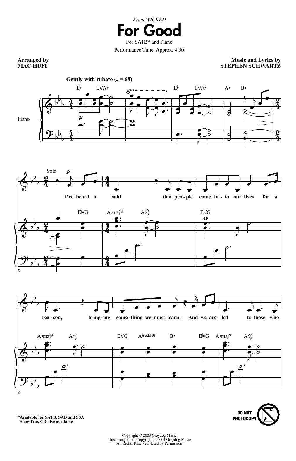 Product picture to: For Good (from Wicked) (arr. Mac Huff)
