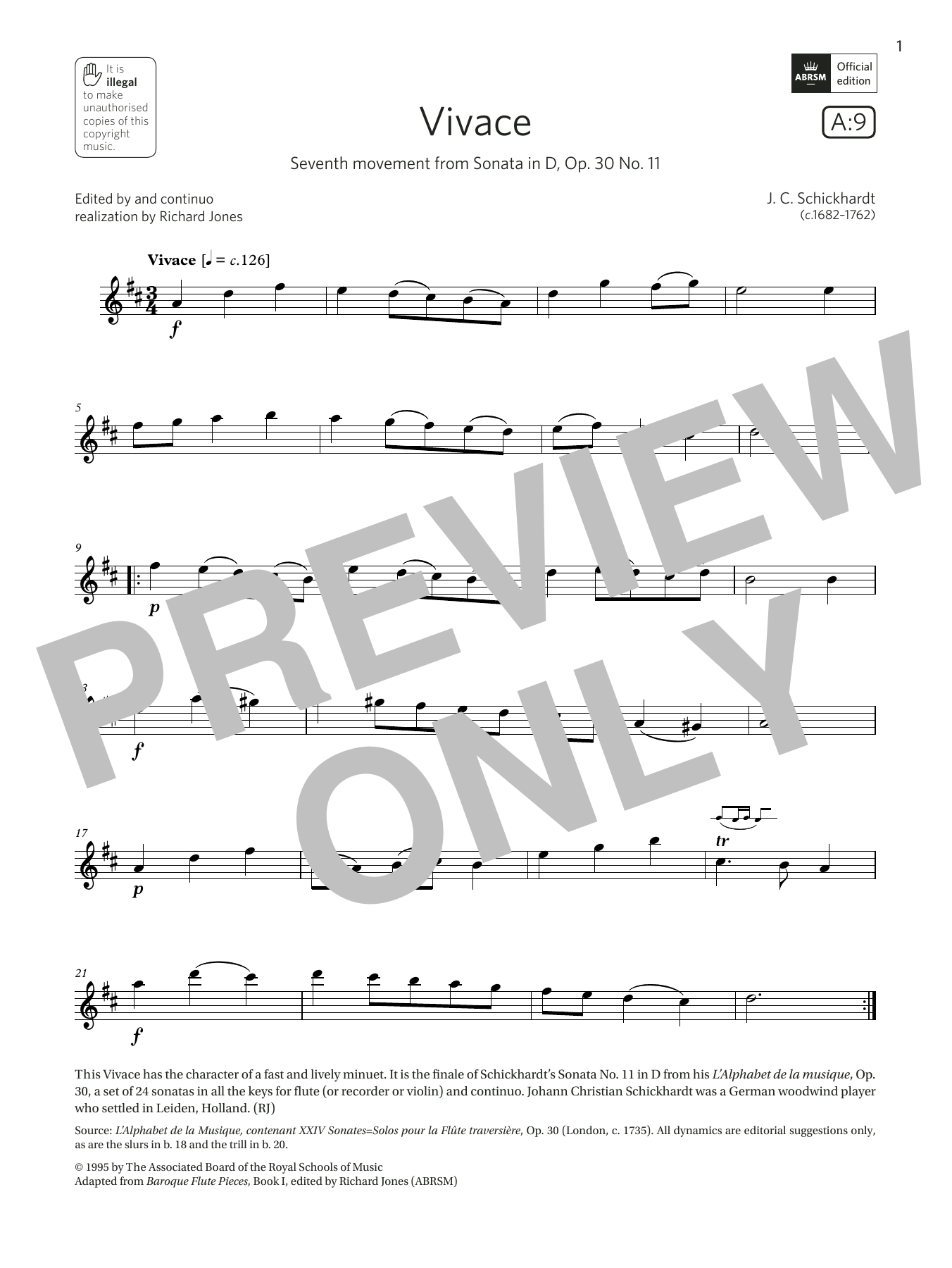 Product gallery: Page 1 of 1 Vivace (from Sonata in D, Op. 30 No. 11) (Grade 2 List A9 from the ABRSM Flute syllabus from 2022), Schickhardt