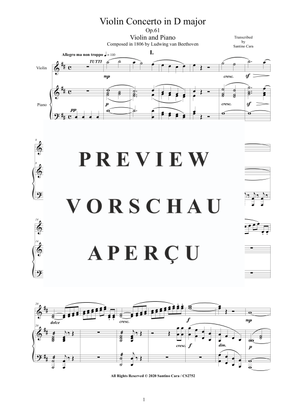 Produktgalerie: Seite 2 von 11 Violin Concerto in D major Op.61 for Violin and Piano - Score and Part, , Violine und Klavier