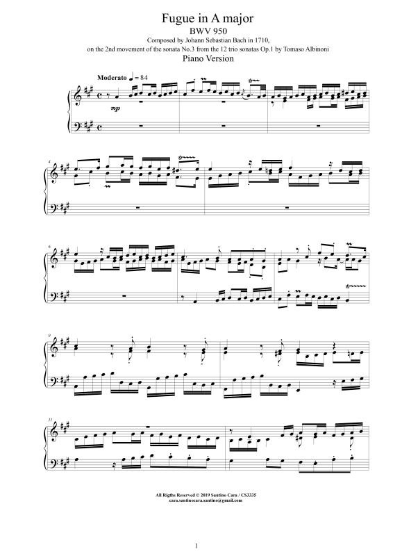 Produktbild zu: Fuge in A-Dur BWV 950 - Piano VersionJohann Sebastian Bach