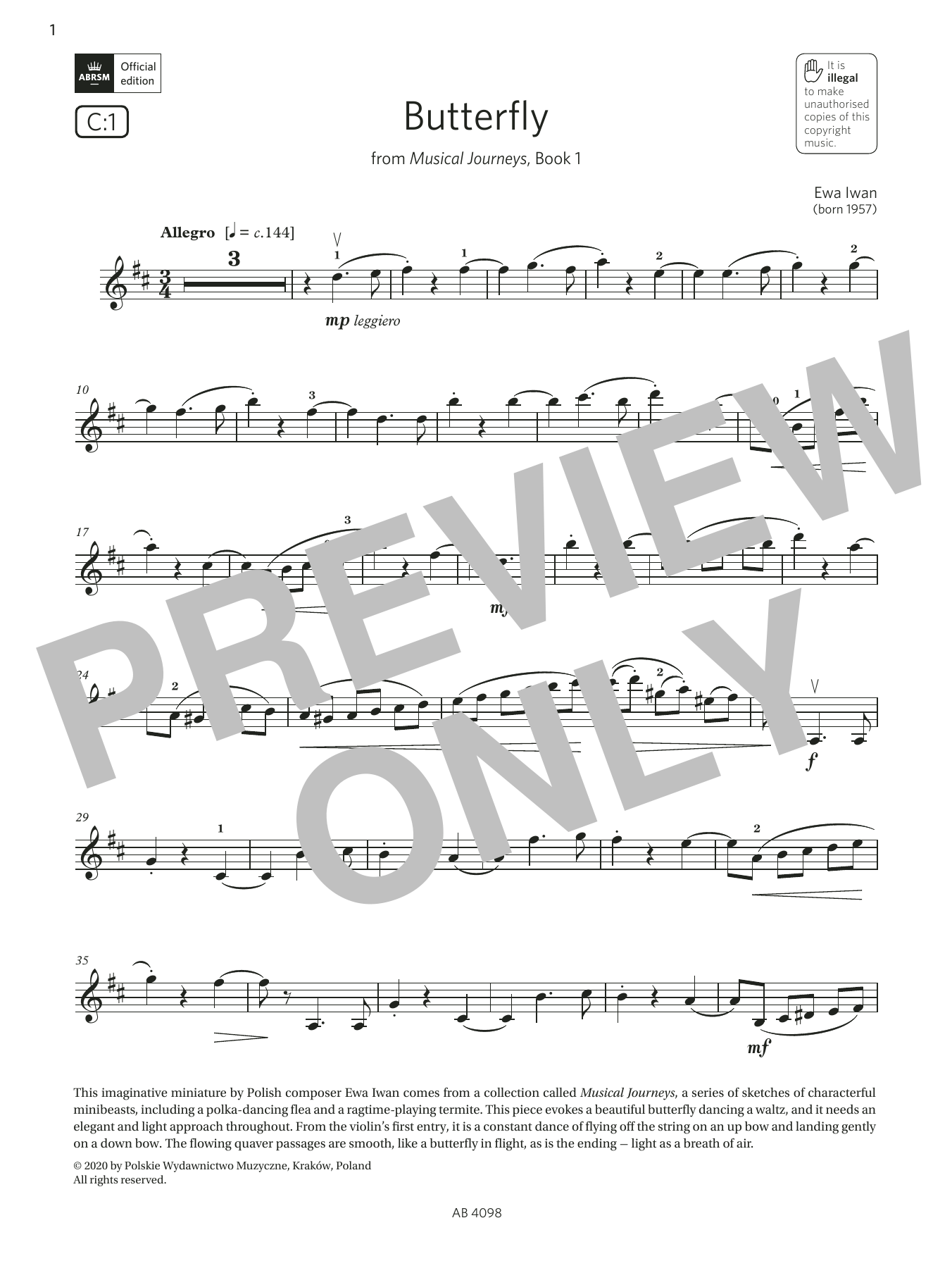 Product gallery: Page 1 of 1 Butterfly (Grade 4, C1, from the ABRSM Violin Syllabus from 2024), Ewa Iwan