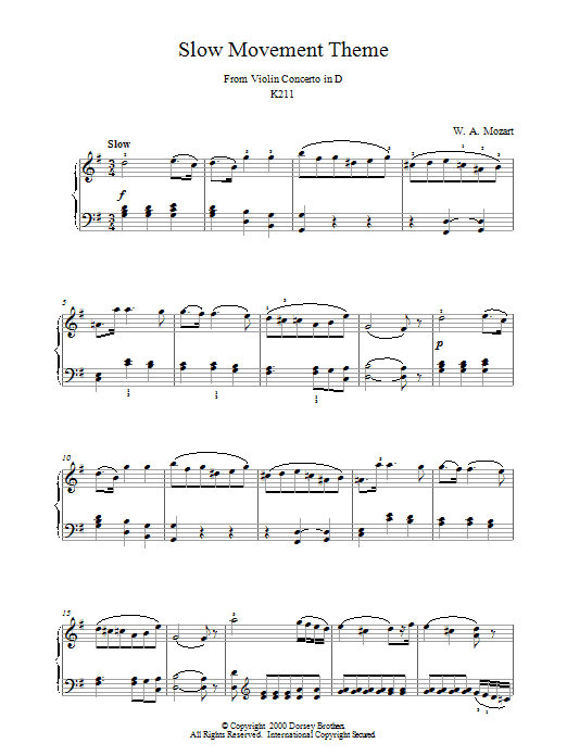 Product gallery: Page 1 of 1 Slow Movement Theme from Violin Concerto in D, Wolfgang Amadeus Mozart