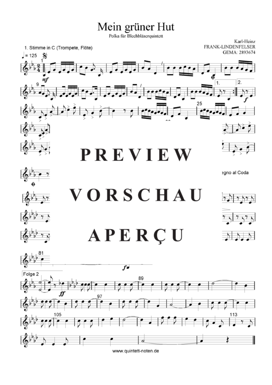 Produktgalerie: Seite 9 von 21 Mein Grüner Hut , Blasorchester Fatamo, (Blechbläser Quintett - Flexible Besetzung + Schlagzeug)