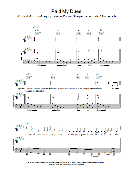 Produktgalerie: Seite 1 von 1 Paid My Dues, Anastacia, Gesang, Gitarre, Klavier