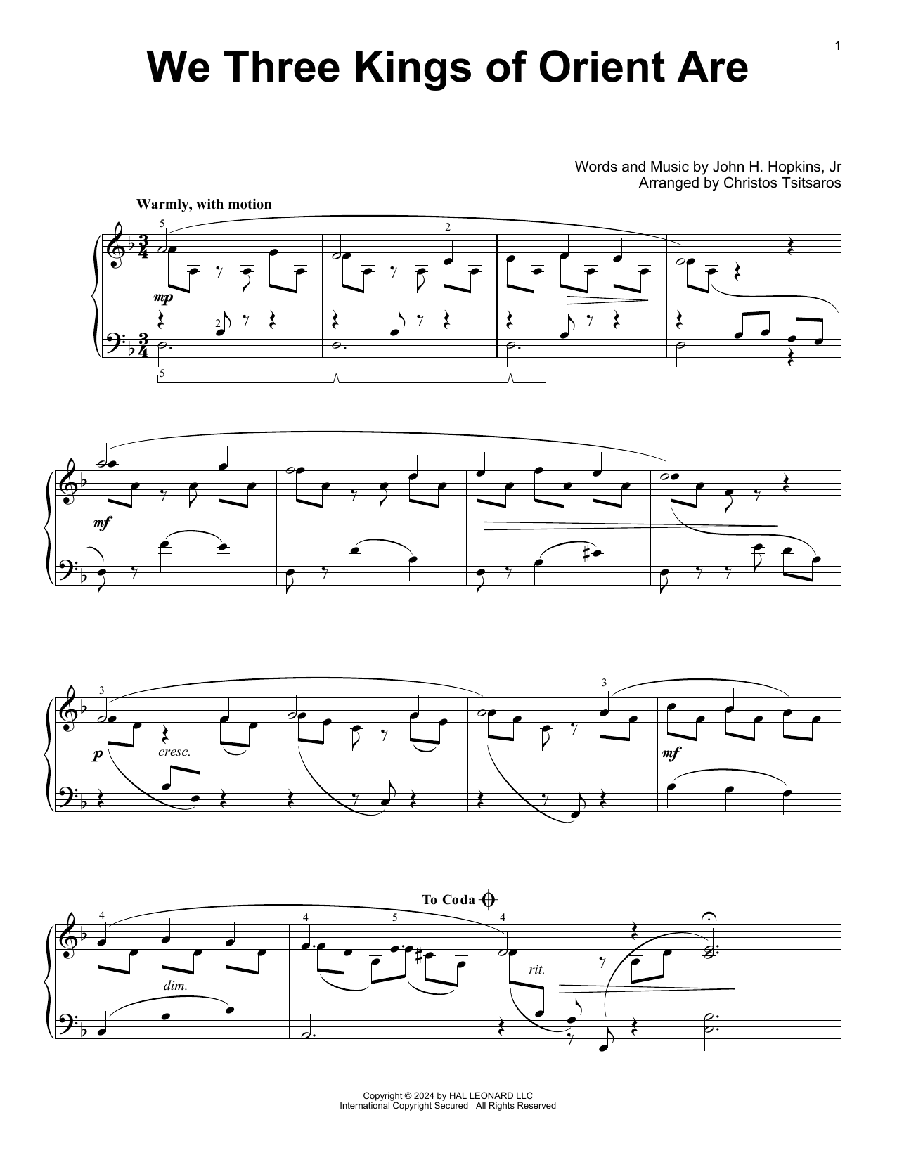Produktgalerie: Seite 1 von 1 We Three Kings Of Orient Are (arr. Christos Tsitsaros), John H. Hopkins, Jr., Klavier
