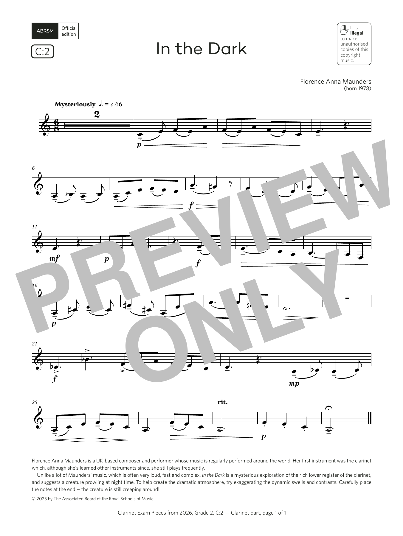 Product gallery: Page 1 of 1 In the Dark (Grade 2, list C2, from the ABRSM Clarinet Syllabus from 2026), Florence Anna Maunders