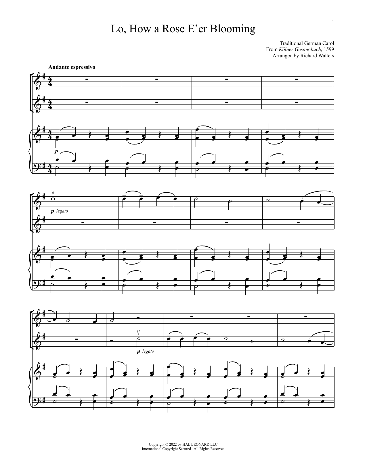 Product gallery: Page 1 of 1 Lo, How A Rose E'er Blooming (for Violin Duet and Piano), 15th Century German Carol