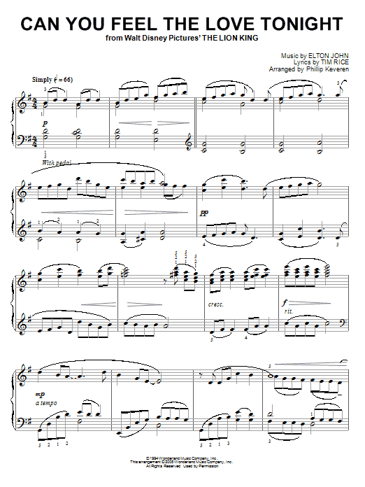 Product gallery: Page 1 of 1 Can You Feel The Love Tonight [Classical version] (from The Lion King) (arr. Phillip Keveren), Elton John