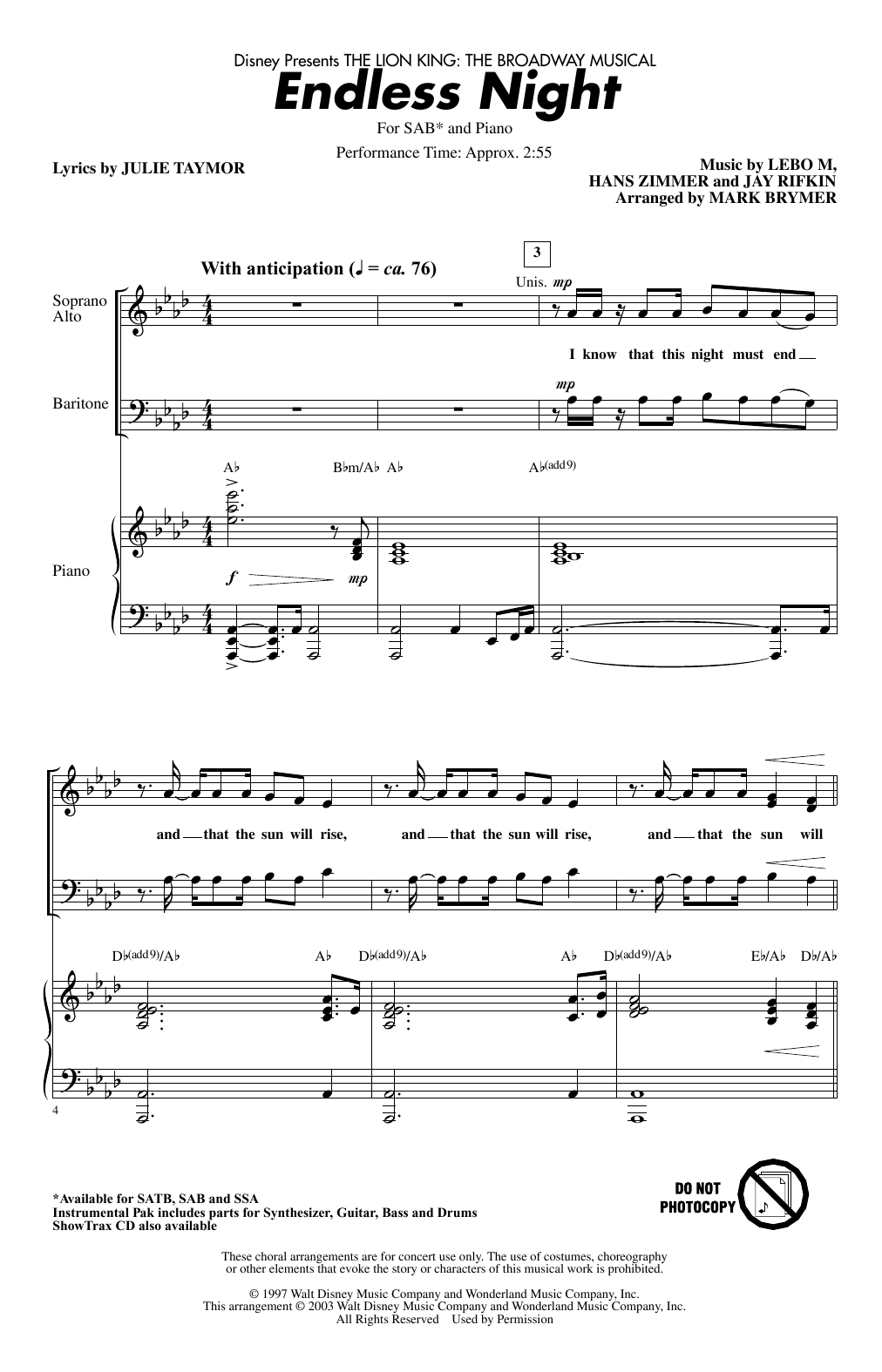 Product picture to: Endless Night (from The Lion King: Broadway Musical) (arr. Mark Brymer)