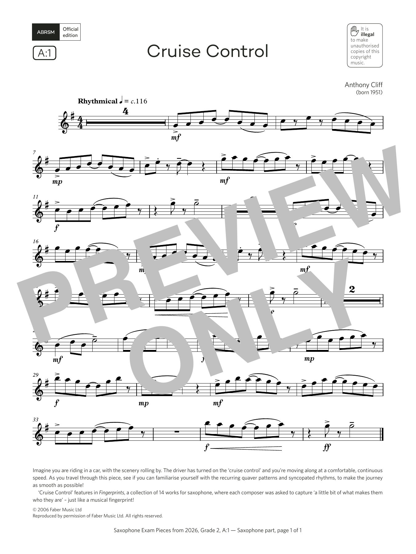 Product gallery: Page 1 of 1 Cruise Control (Grade 2, list A1, from the ABRSM Saxophone Syllabus from 2026), Anthony Cliff