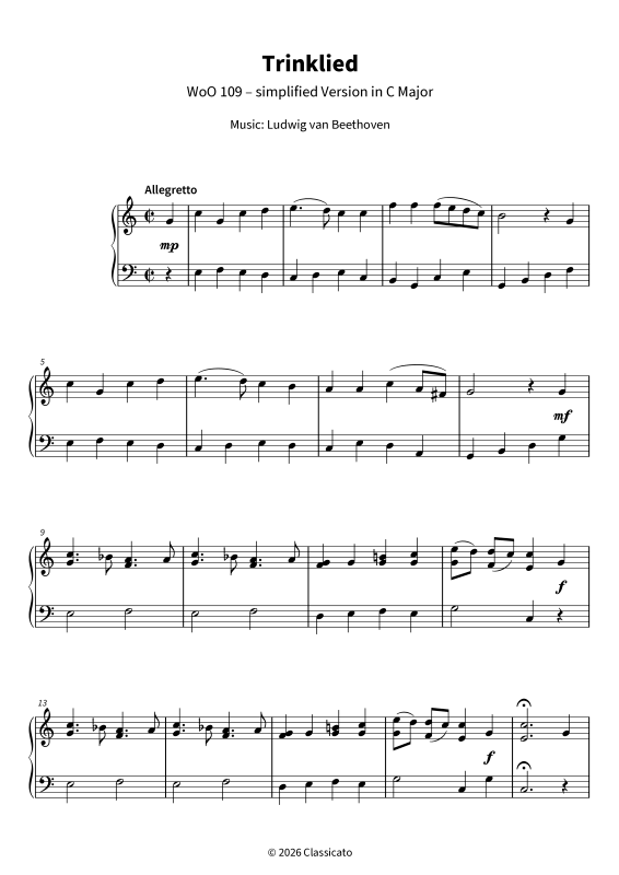 Product gallery: Page 1 of 6 Drinking Song - WoO 109 simplified in C Major - Bright, convivial, and easy to learn quickly, , Solo Piano