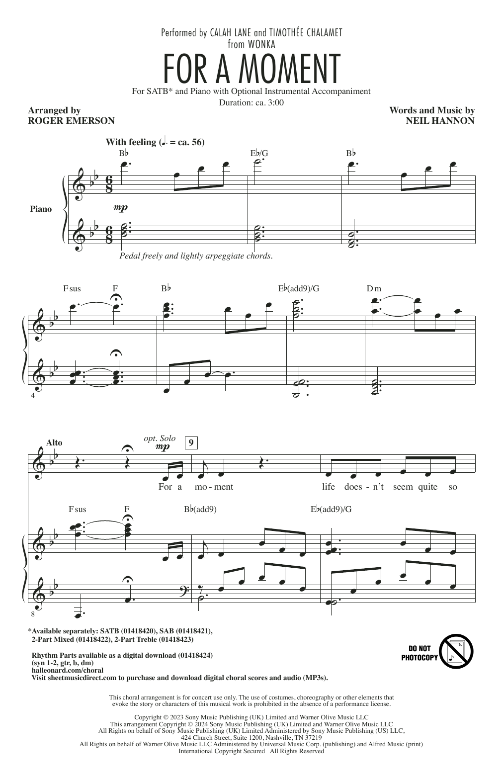 Produktbild zu: For A Moment (from Wonka) (arr. Roger Emerson)