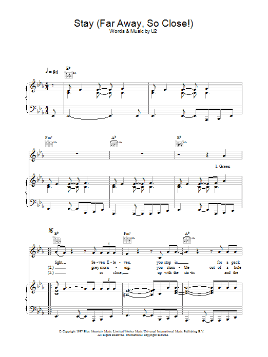 Produktgalerie: Seite 1 von 1 Stay (Faraway, So Close!), U2, Gesang, Gitarre, Klavier