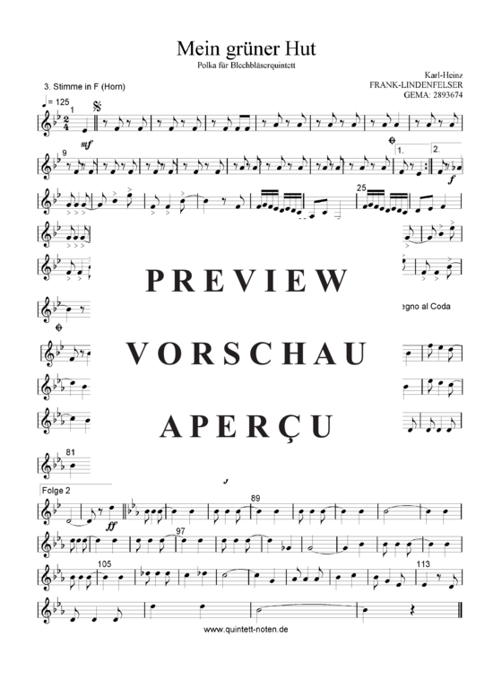 Produktgalerie: Seite 17 von 21 Mein Grüner Hut , Blasorchester Fatamo, (Blechbläser Quintett - Flexible Besetzung + Schlagzeug)
