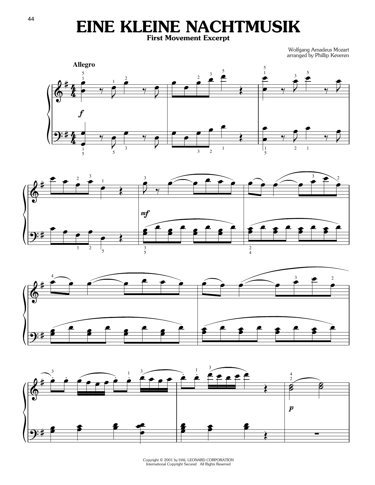 Produktgalerie: Seite 1 von 1 Eine Kleine Nachtmusik ("Serenade"), First Movement Excerpt (arr. Phillip Keveren), Wolfgang Amadeus Mozart, Klavier