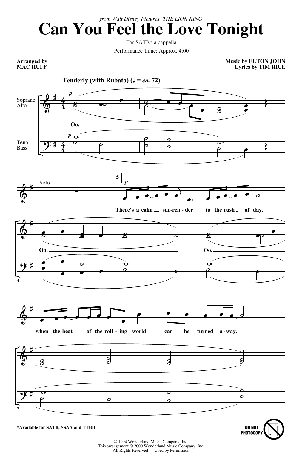 Product gallery: Page 1 of 1 Can You Feel the Love Tonight (from The Lion King) (arr. Mac Huff), Elton John