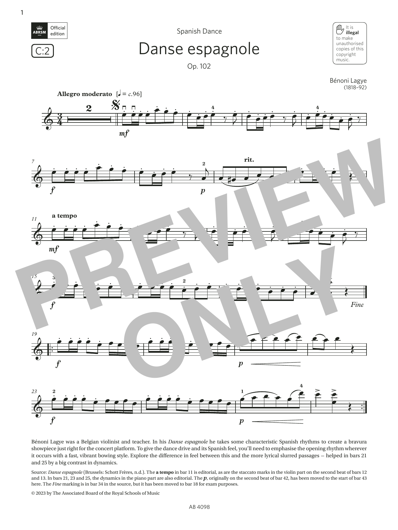 Product gallery: Page 1 of 1 Danse espagnole, Op. 102 (Grade 4, C2, from the ABRSM Violin Syllabus from 2024), Bénoni Lagye