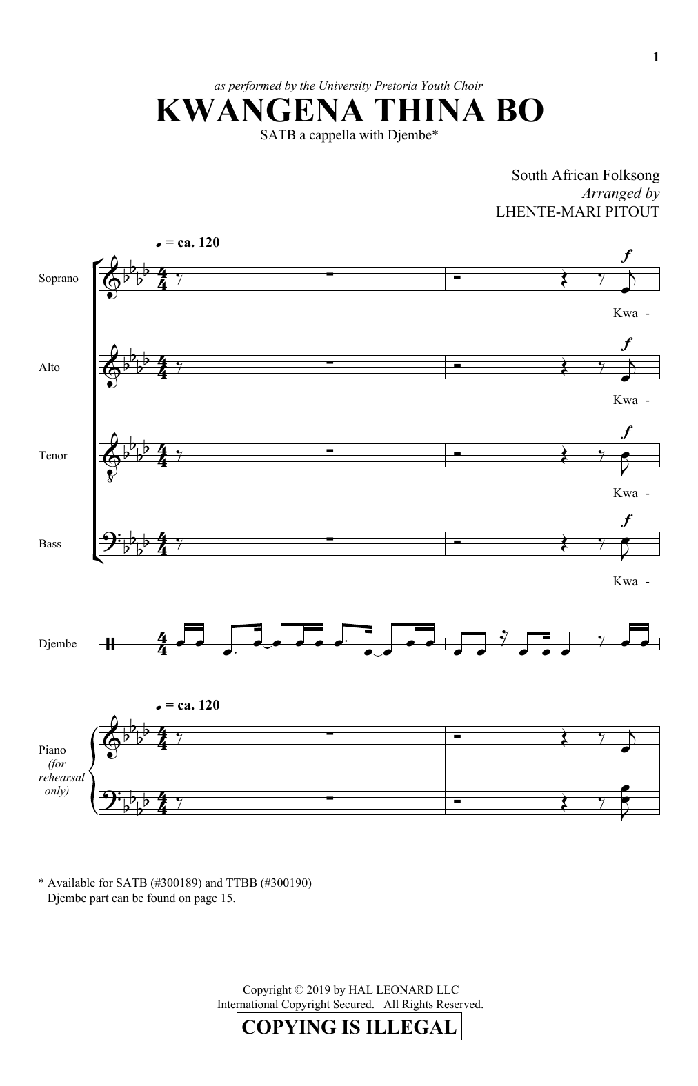 Product gallery: Page 1 of 1 Kwangena Thina Bo (arr. Lhente-Mari Pitout), Traditional Xhosa Folk Song