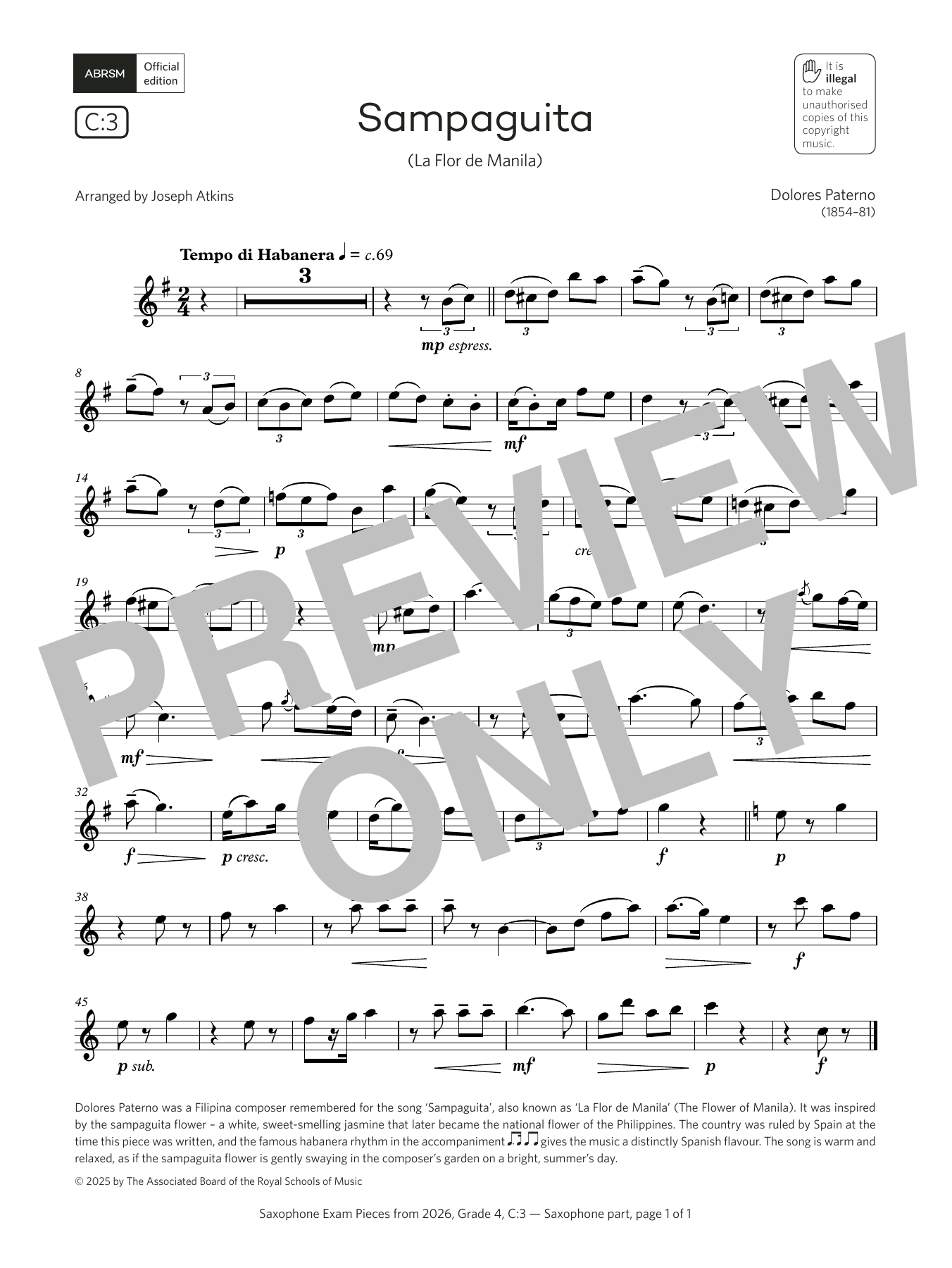 Product gallery: Page 1 of 1 Sampaguita (Grade 4, list C3, from the ABRSM Saxophone Syllabus from 2026), Dolores Paterno