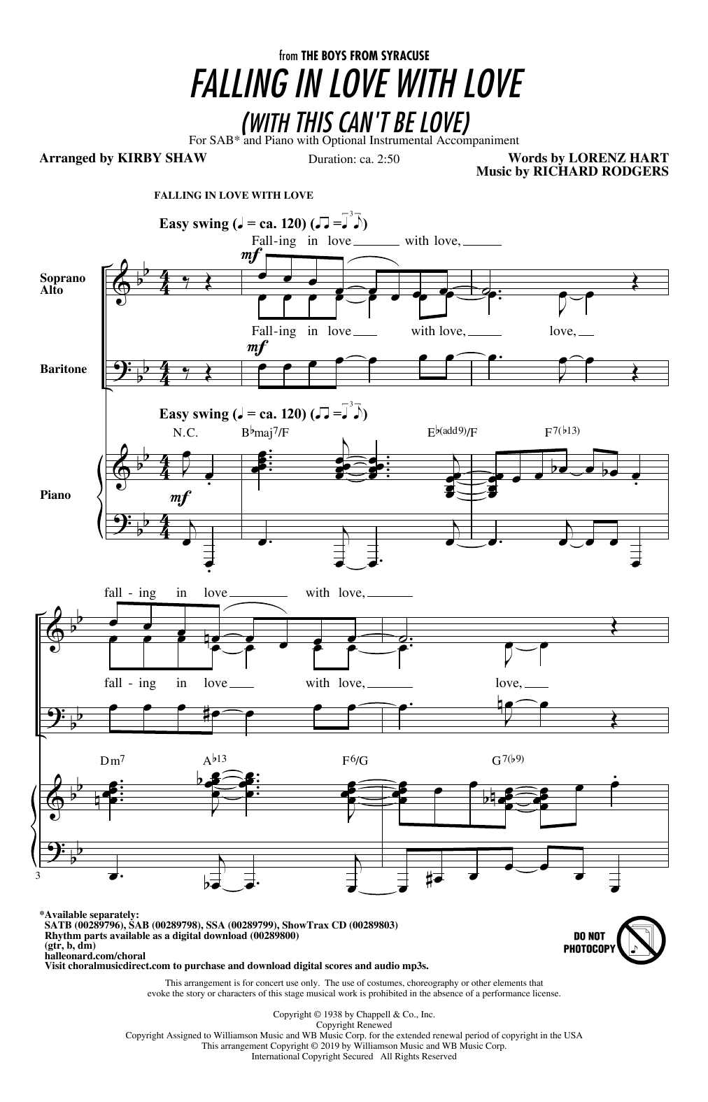 Product picture to: Falling In Love With Love (with This Can't Be Love) (arr. Kirby Shaw)