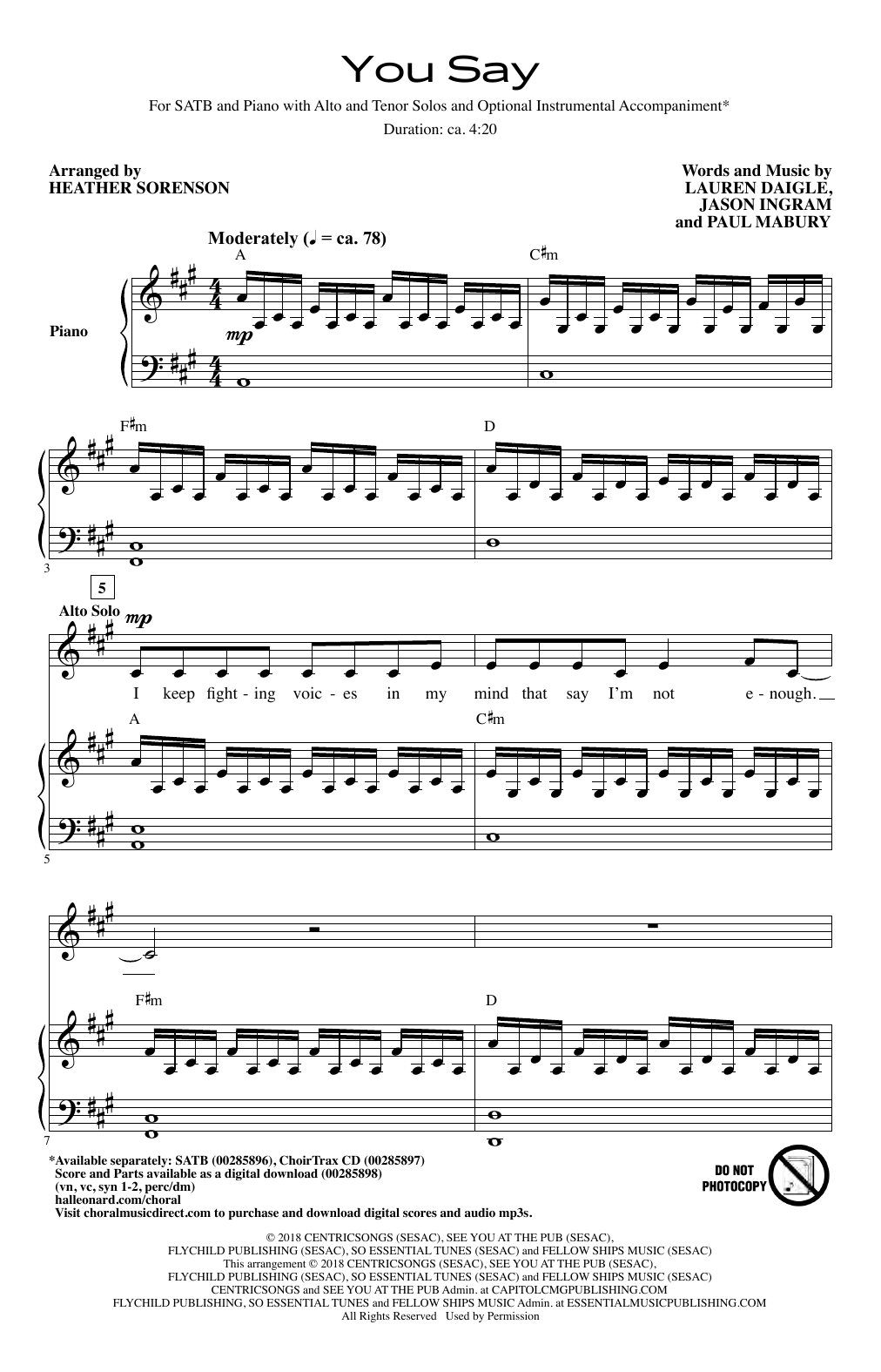 Product gallery: Page 1 of 1 You Say (arr. Heather Sorenson), Lauren Daigle