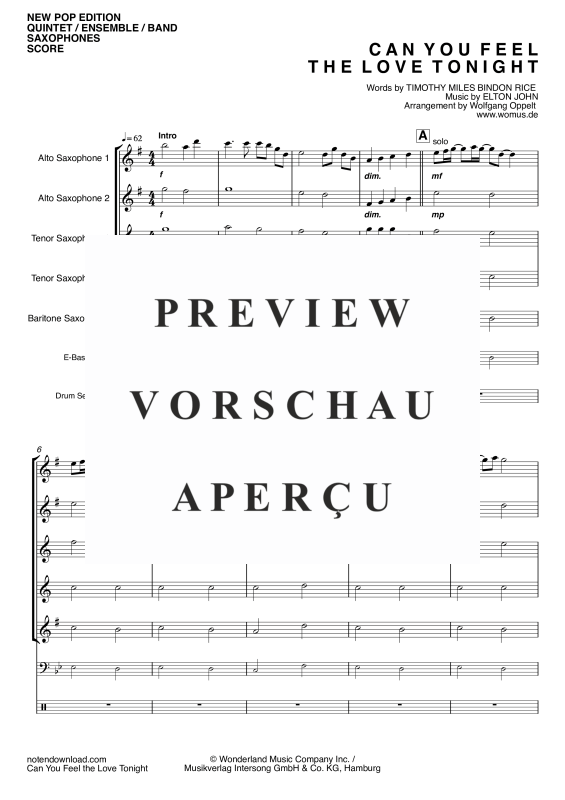 Produktgalerie: Seite 4 von 11 Can You Feel The Love Tonight, John, Elton, Saxophon Quintett/Ensemble/Band - Klavier, E-Bass und Drum Set opt.