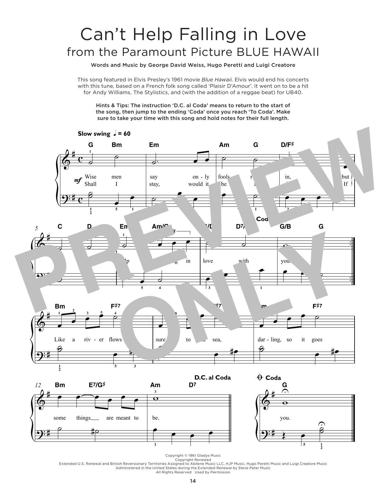 Produktgalerie: Seite 1 von 1 Can't Help Falling In Love, Elvis Presley, Klavier