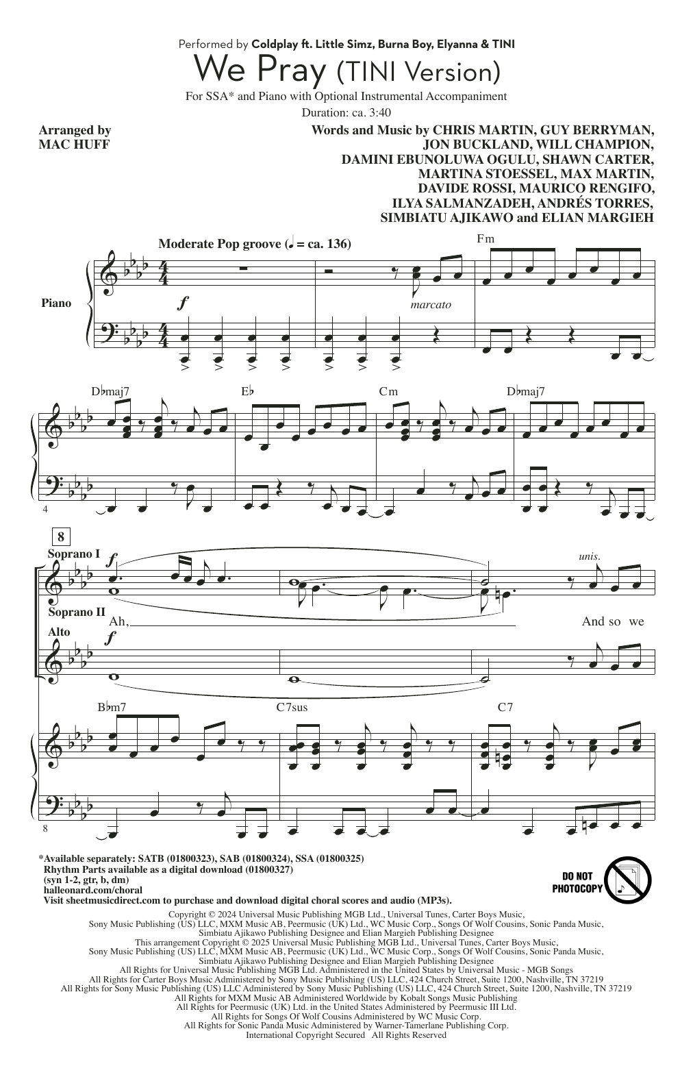 Produktgalerie: Seite 1 von 1 We Pray - Tini Version (arr. Mac Huff), Coldplay, Chor