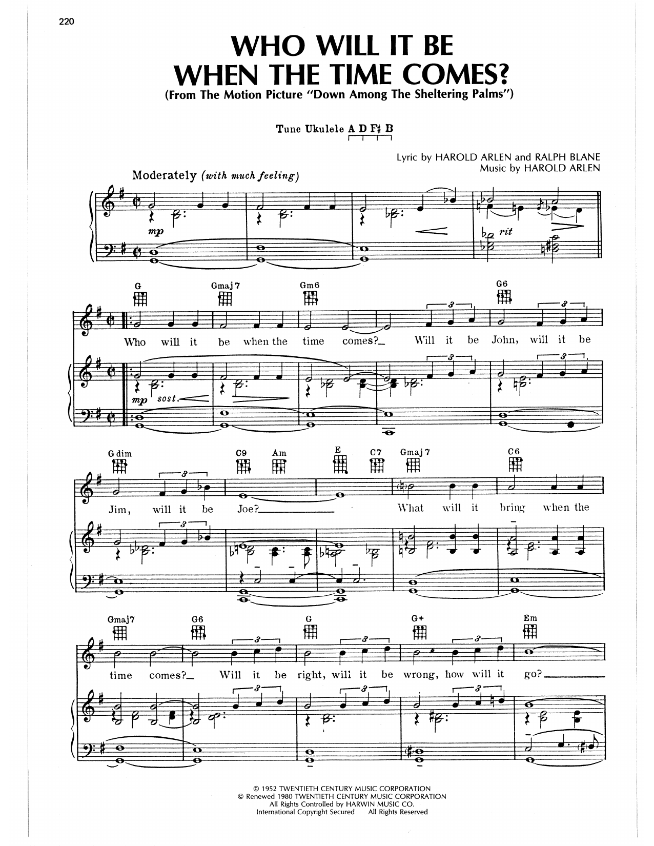 Produktgalerie: Seite 1 von 1 Who Will It Be When The Time Comes?, Harold Arlen, Gesang, Gitarre, Klavier
