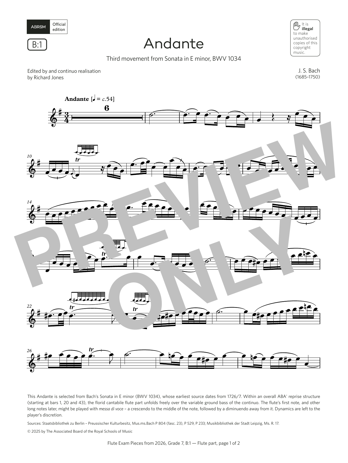 Product gallery: Page 1 of 1 Andante (Grade 7, list B1, from the ABRSM Flute Syllabus from 2026), Johann Sebastian Bach