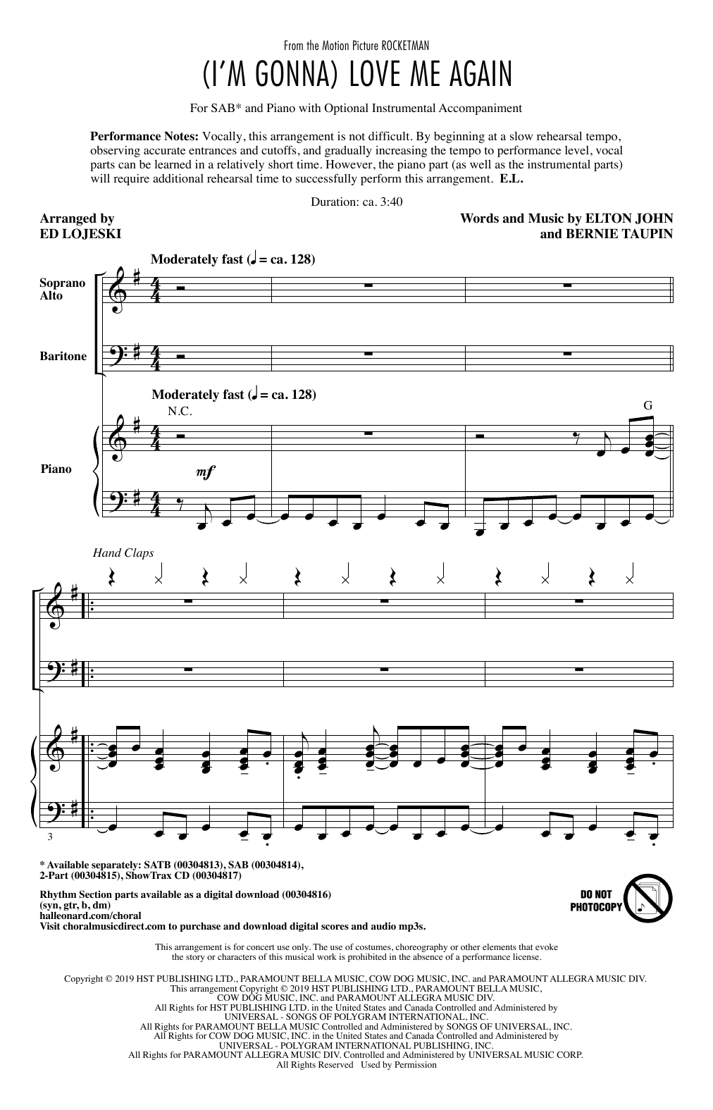 Product picture to: (I'm Gonna) Love Me Again (from Rocketman) (arr. Ed Lojeski)