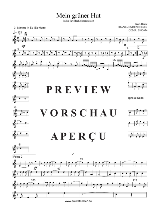 Produktgalerie: Seite 16 von 21 Mein Grüner Hut , Blasorchester Fatamo, (Blechbläser Quintett - Flexible Besetzung + Schlagzeug)