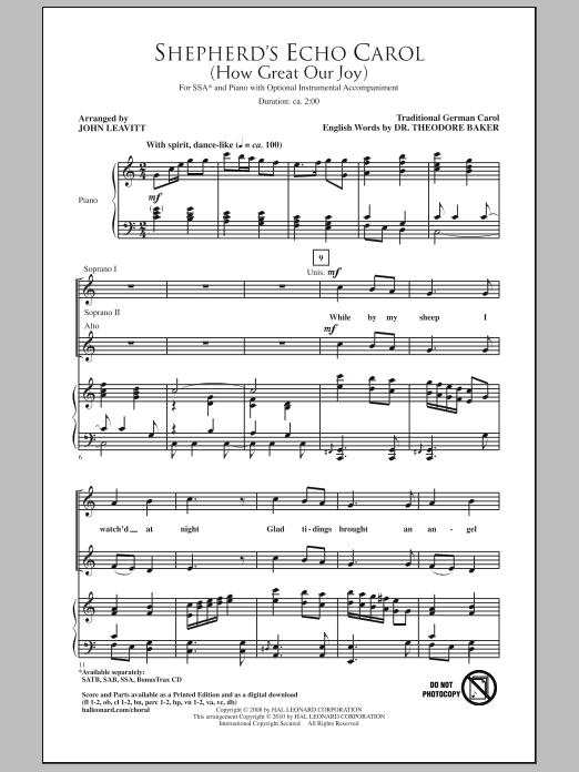 Product gallery: Page 1 of 1 Shepherd's Echo Carol (How Great Our Joy) (arr. John Leavitt), Traditional German Carol