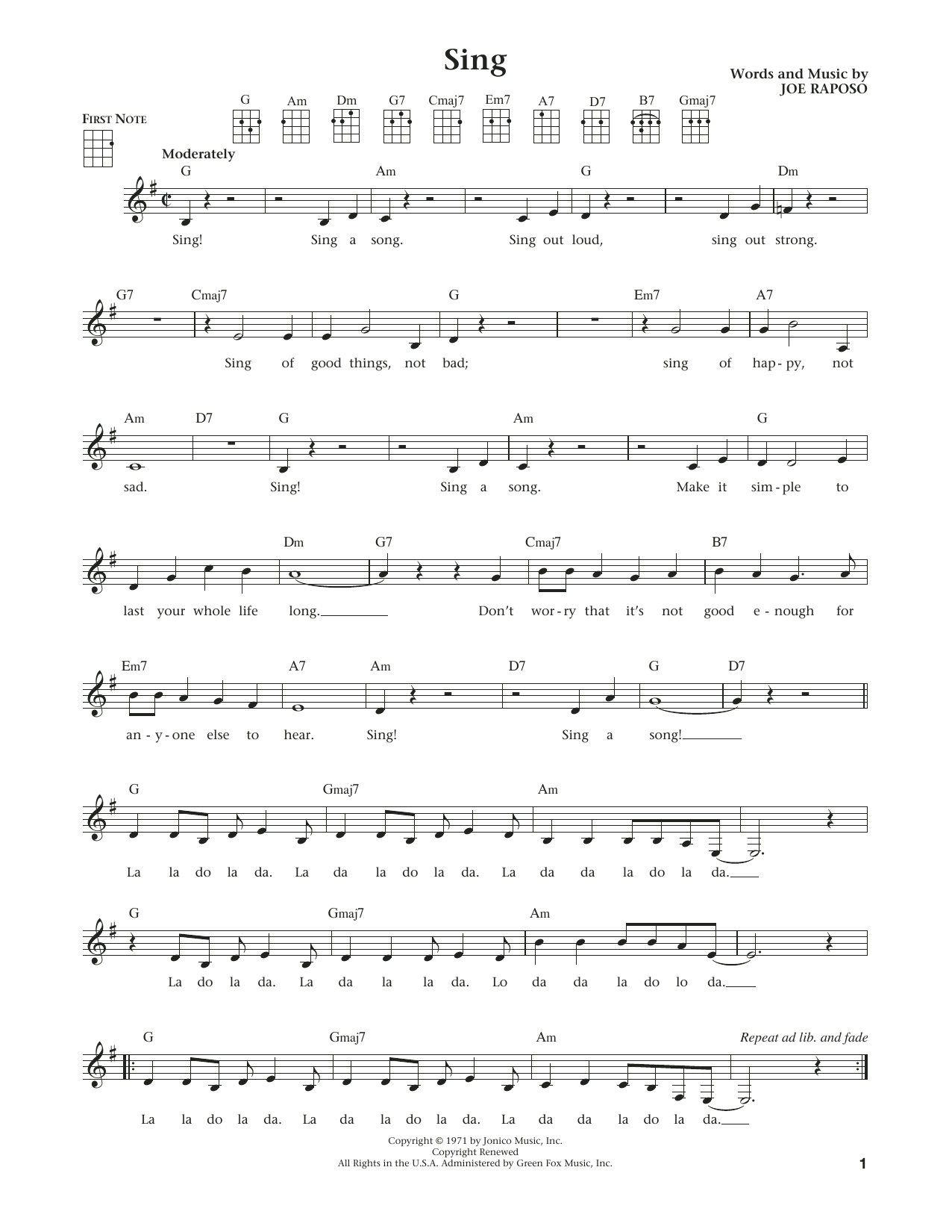 Product gallery: Page 1 of 1 Sing (from The Daily Ukulele) (arr. Liz and Jim Beloff), Joe Raposo