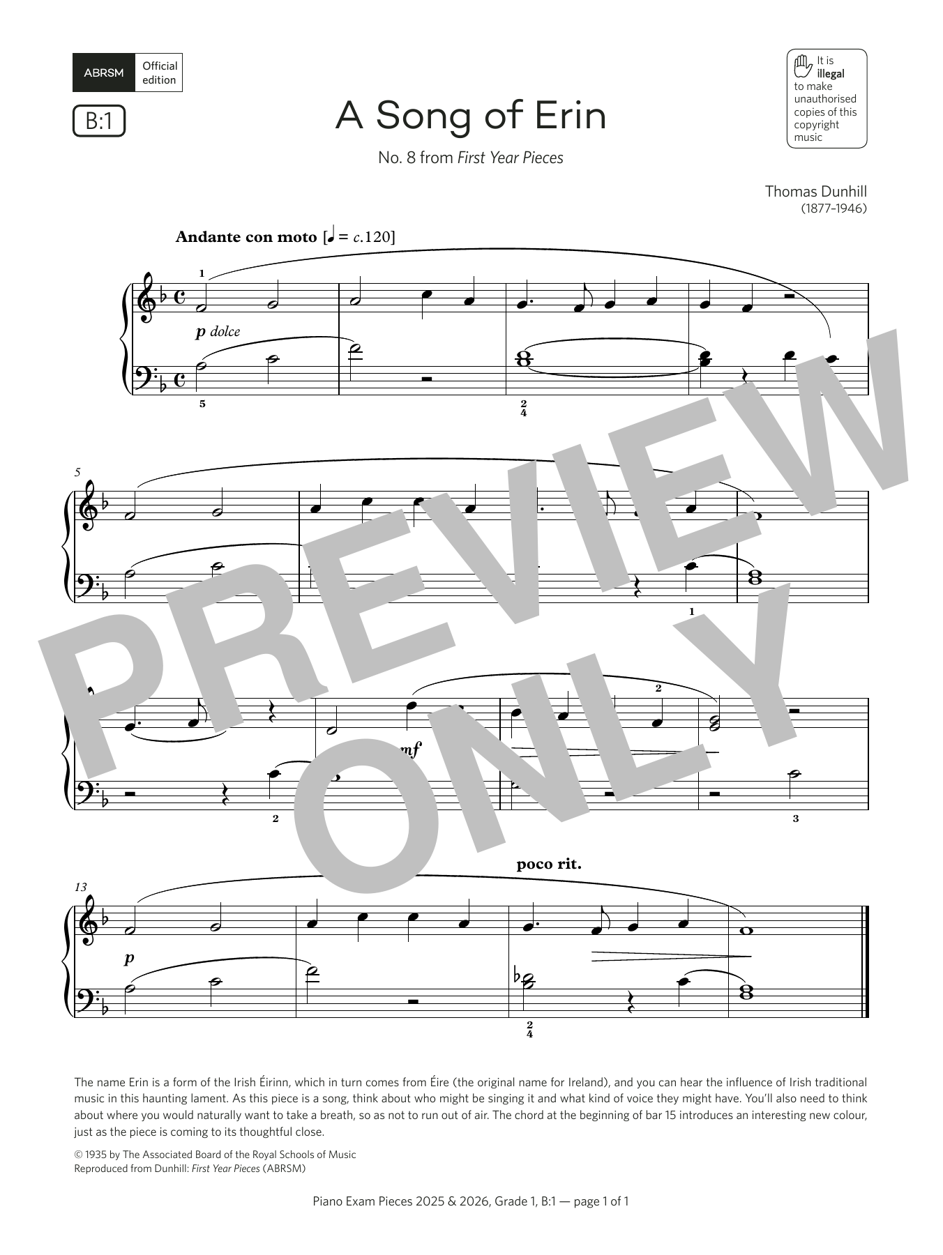 Product picture to: A Song of Erin (Grade 1, list B1, from the ABRSM Piano Syllabus 2025 & 2026)