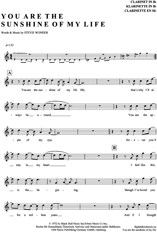 Product gallery: Page 1 of 4 You are the sunshine of my life , Wonder, Stevie, Clarinet in B-flat
