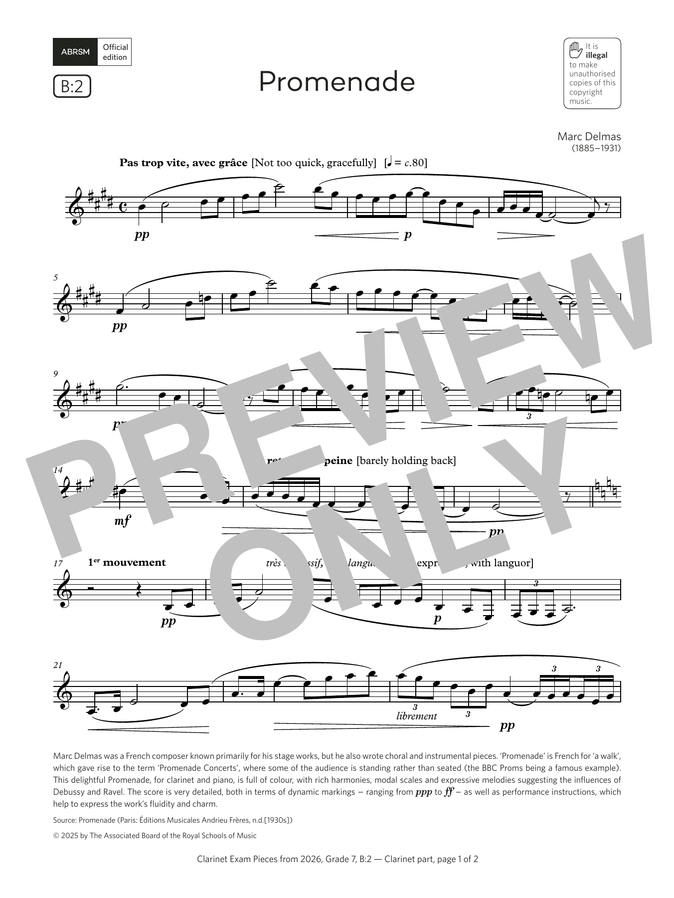 Product gallery: Page 1 of 1 Promenade (Grade 7, list B2, from the ABRSM Clarinet Syllabus from 2026), Marc Delmas