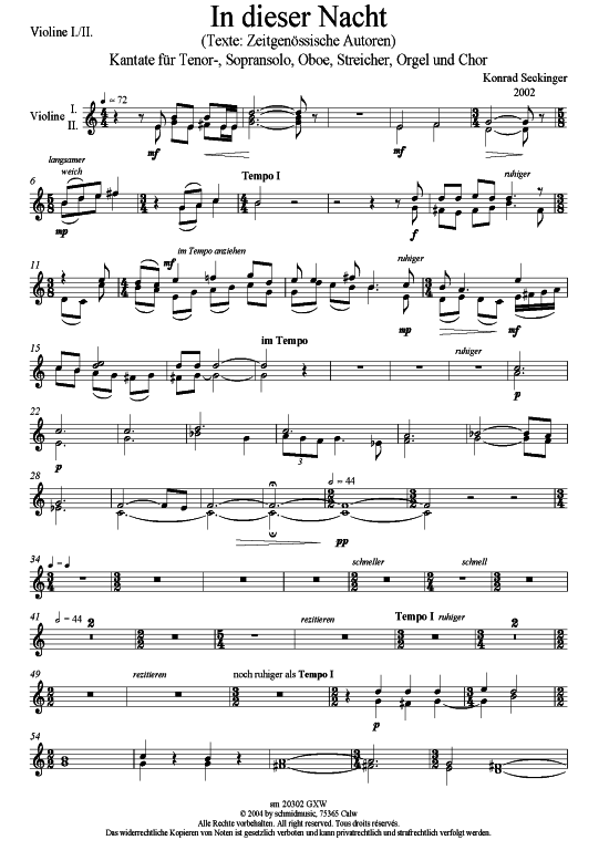 Product picture to: In dieser Nacht, Violine 1+2 Konrad Seckinger (Kantate, 2003)