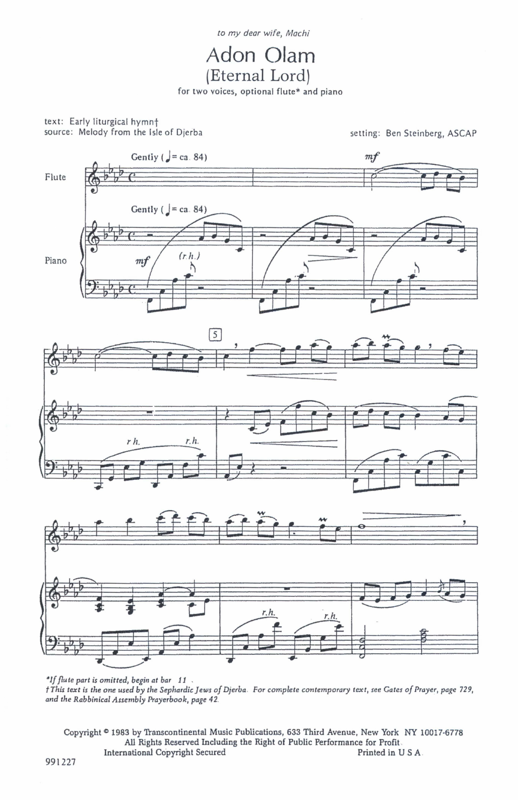 Product gallery: Page 1 of 1 Adon Olam (Lord Of The World) 2 Voices, Optional Flute, Keyboard, Ben Steinberg
