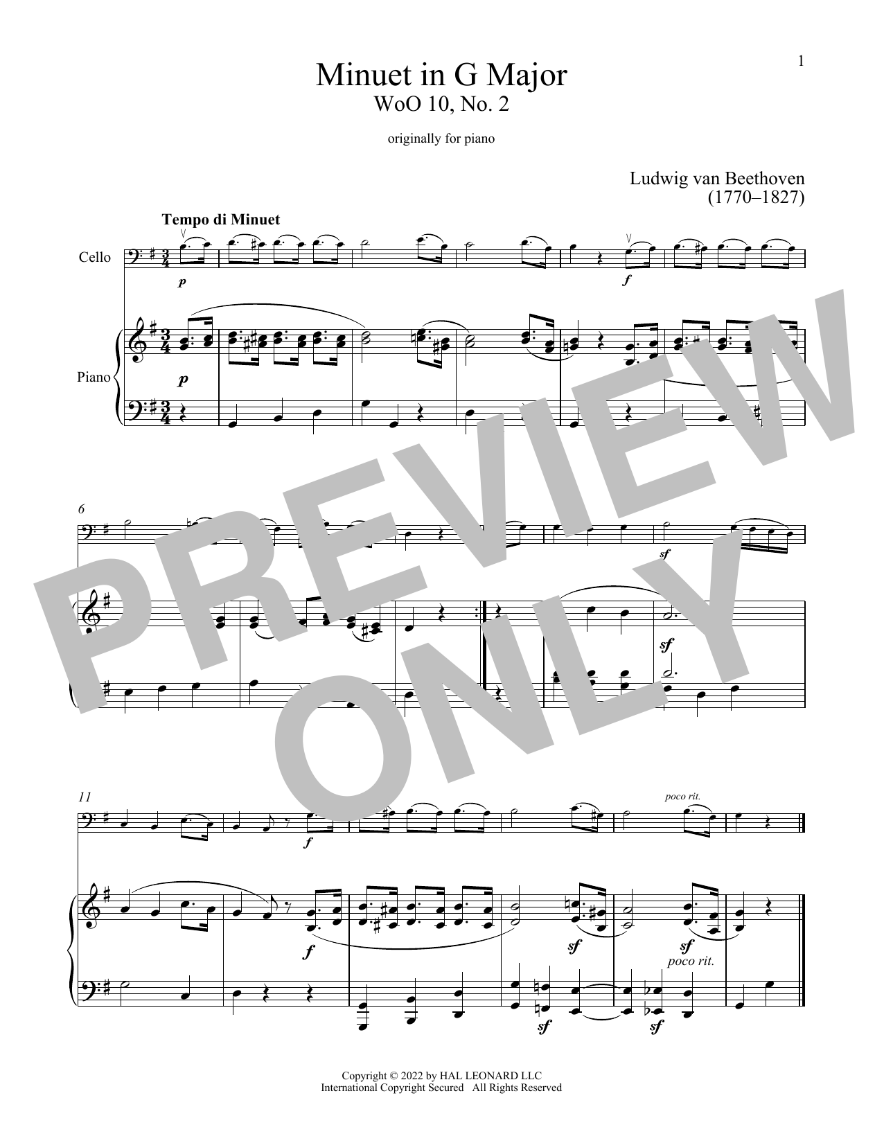 Produktgalerie: Seite 1 von 1 Minuet In G Major, Ludwig Van Beethoven, Klavier, Violoncello