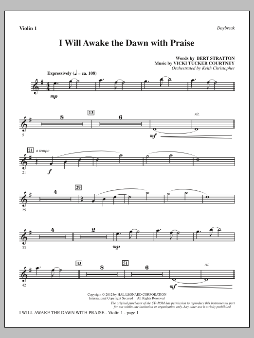 Product picture to: I Will Awake The Dawn With Praise - Violin 1