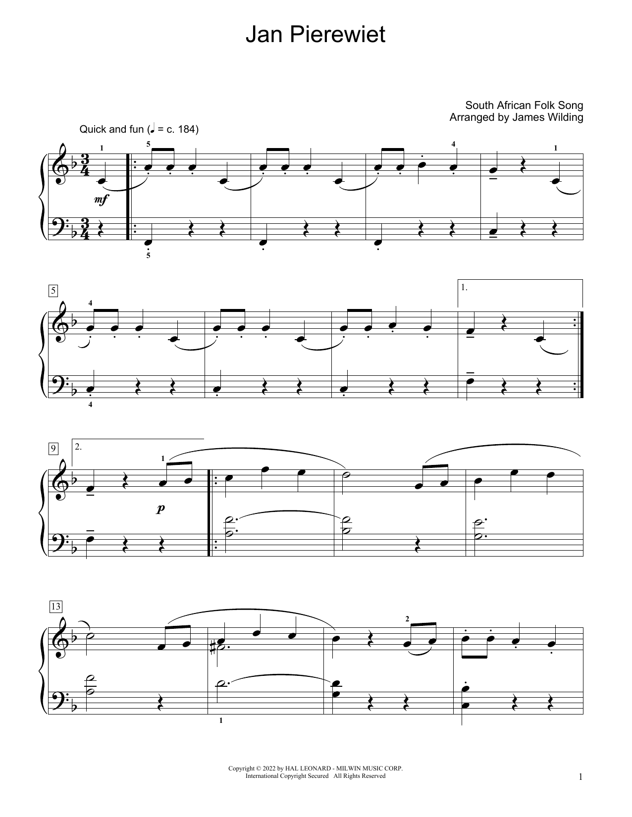 Produktbild zu: Jan Pierewiet (arr. James Wilding)