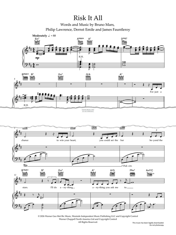 Produktgalerie: Seite 1 von 1 Risk It All, Bruno Mars, Gesang, Gitarre, Klavier