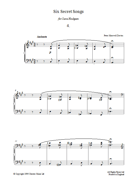 Product gallery: Page 1 of 1 Six Secret Songs, No.4, Andante, Peter Maxwell Davies