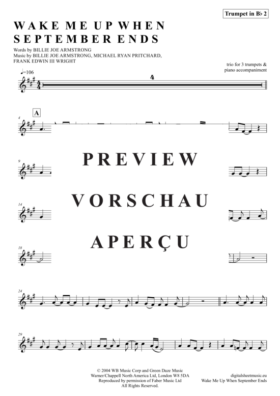 Produktgalerie: Seite 12 von 21 Wake Me Up When September Ends , Green Day, (Trompeten Trio + Klavier)