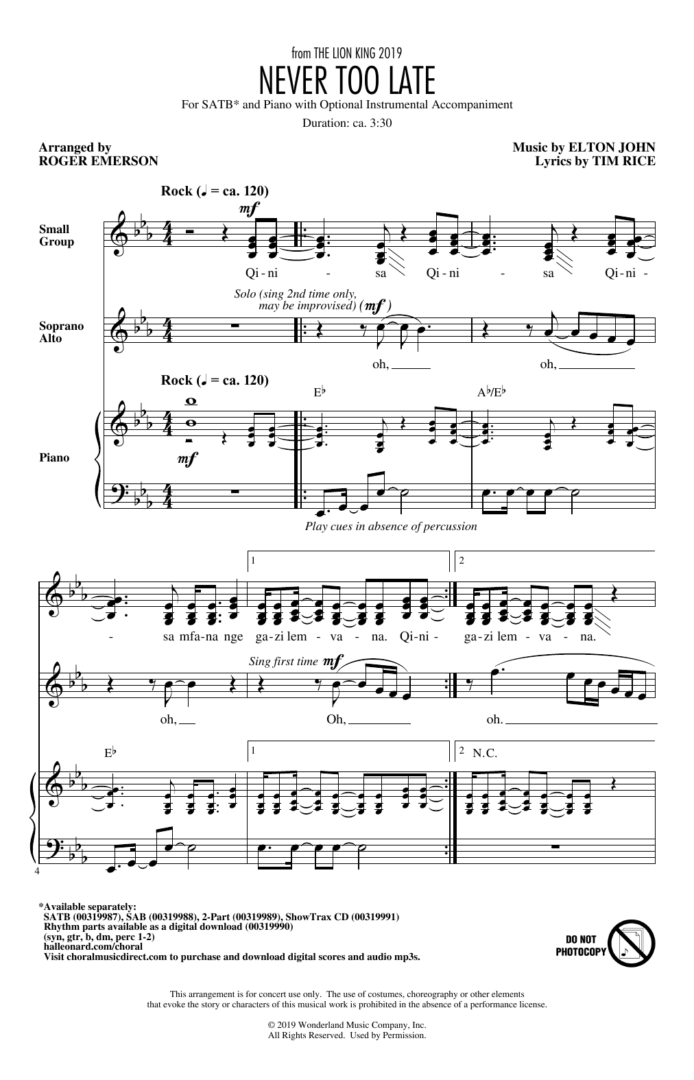 Produktbild zu: Never Too Late (from The Lion King 2019) (arr. Roger Emerson)