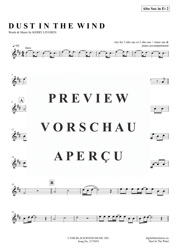 Product gallery: Page 11 of 11 Dust In The Wind, Kansas, (Saxophone Trio AAA(T) + Piano)